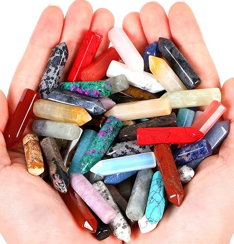 QINJIEJIE Juego de 64 piezas de varitas de cristales y piedras a granel, puntas de cristal de cuarzo rosa, amatista, ojo de tigre, piedras preciosas