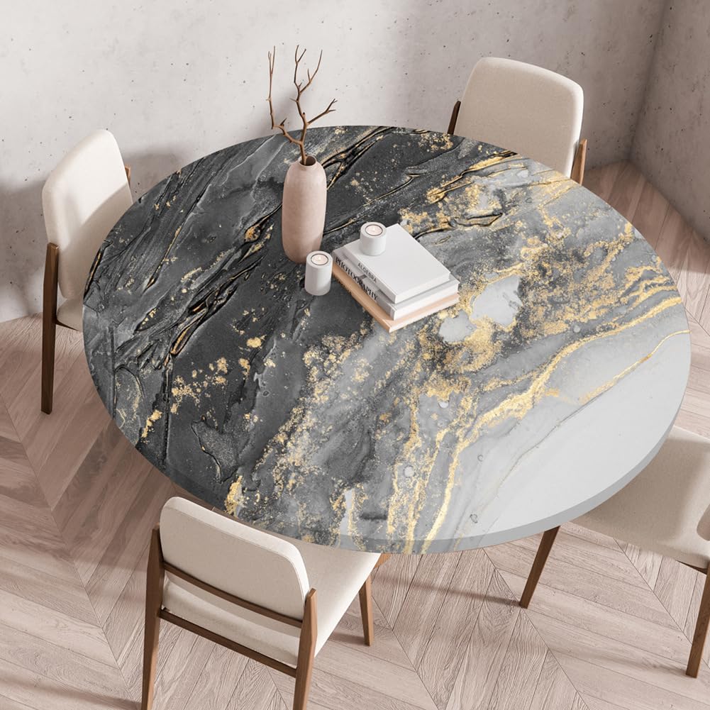 Tischdecke Rund 140 cm Marmor Grau Gold Gartentischdecke Wetterfest Elastisch Abwaschbar Runde Tischdecke Outdoor Indoor Wiederverwendbare Table Cloth für Garten Restaurant