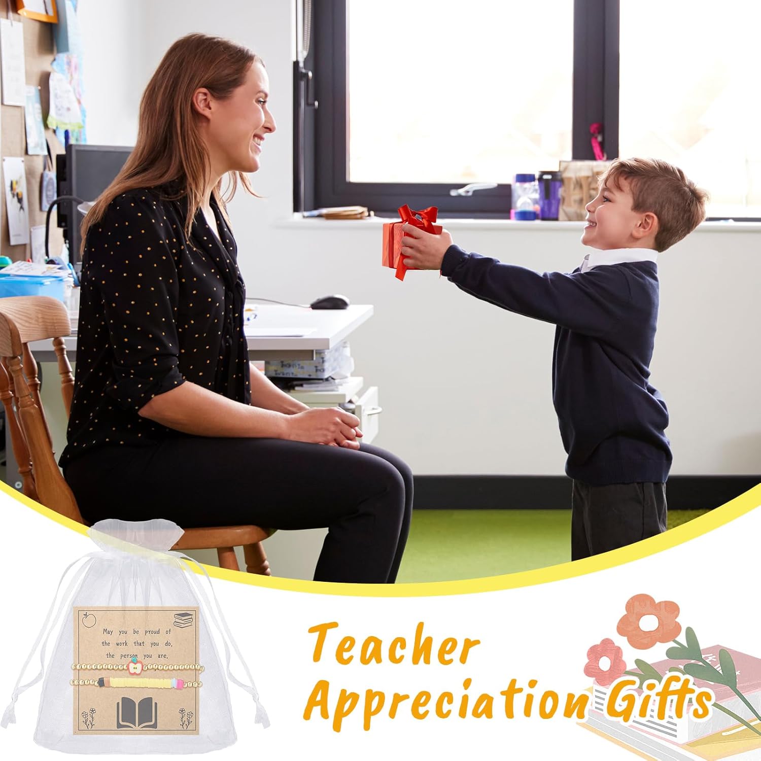 Huquary 30 Set Teacher Appreciation Gifts Bulk Includes 60 Beaded Bracelets 30 Gift Cards and Organza Bags for Teacher Appreciation Week End of School Year Graduation Back to School