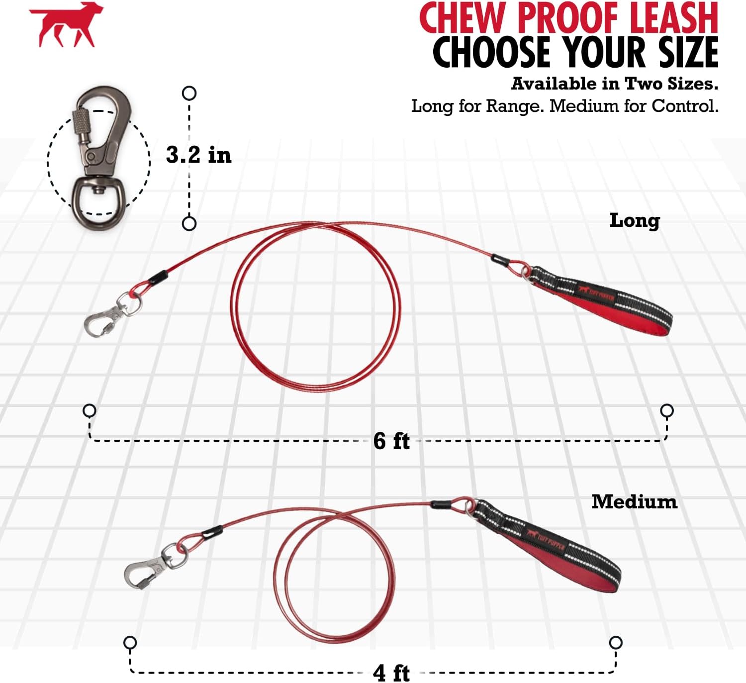 Tuff Pupper Chew Proof Dog Leash | Steel Cable Bite Resistant Lead | Twist Lock Carabiner | Heavy Duty for Large Dogs & Teething Puppies | Comfortable Padded Handle | 4FT & 6FT Lengths (Red, 6 Feet)