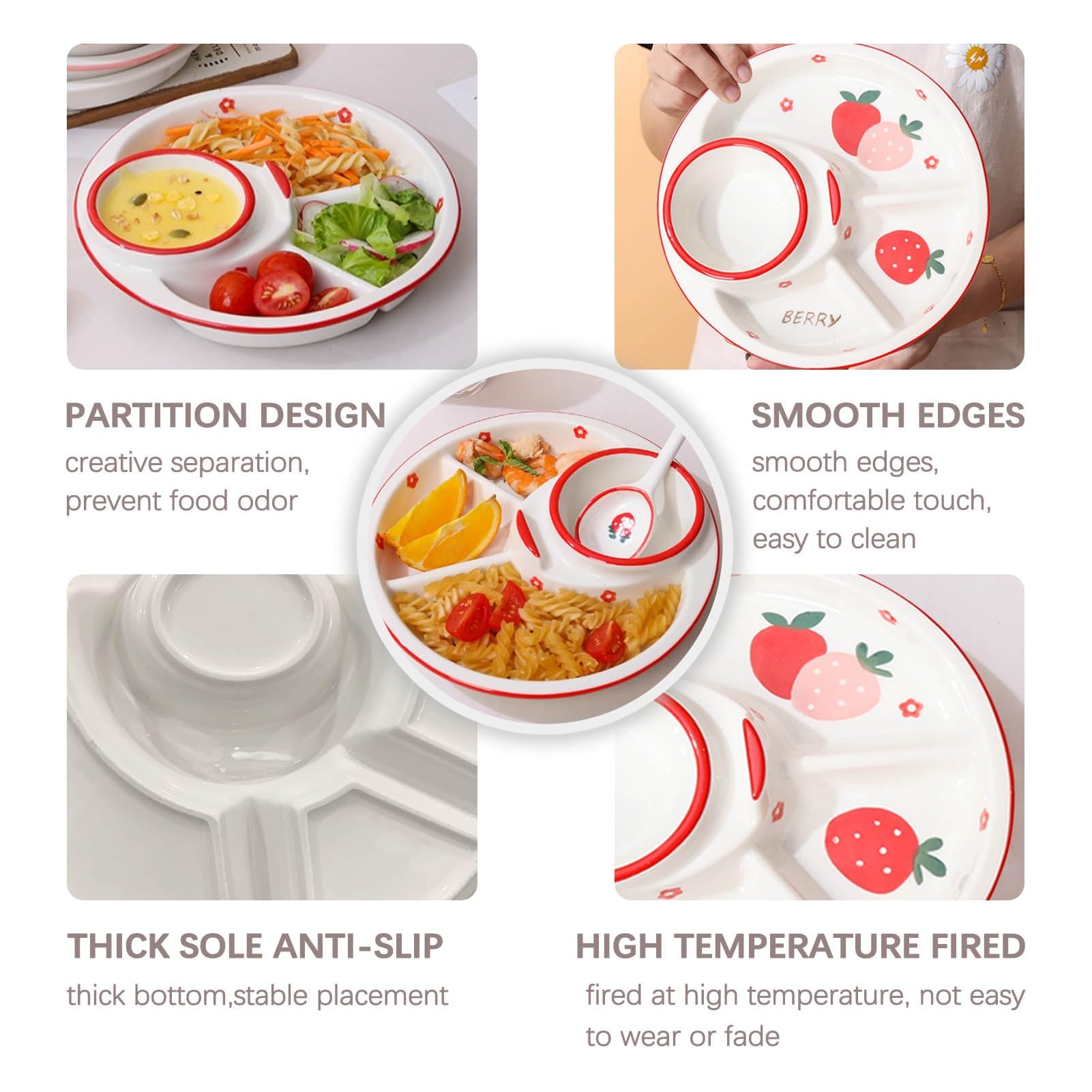 Speisetrenner, Portionskontrollteller, Dessertteller aus Keramik mit 4 unterteilten Servierplatten mit aufgedrucktem Obstmuster, Fast-Food-Mittagessentablett 1 Stück, 8-Zoll-Salatteller(Red)