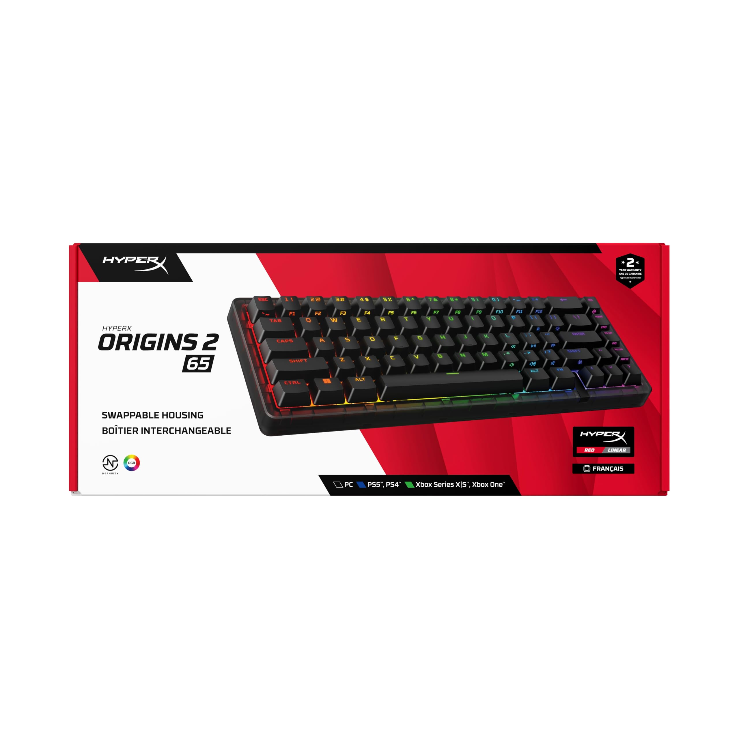 HyperX Origins 2 65, Clavier Gaming mécanique AZERTY FR, switches échangeables à Chaud, boîtier Personnalisable, Format Compact, Polling Rate 8000 Hz, RGB Personnalisable, PC/PS5/Xbox, Noir