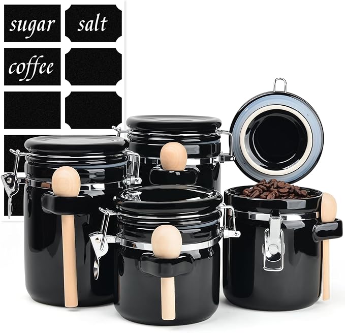 4 Piece Airtight Ceramic Canister Set With Attached Wooden Spoon Reusable Chalk Labels For Dry Goods Sugar Coffee Tea Kitchen Storage Use (Black)