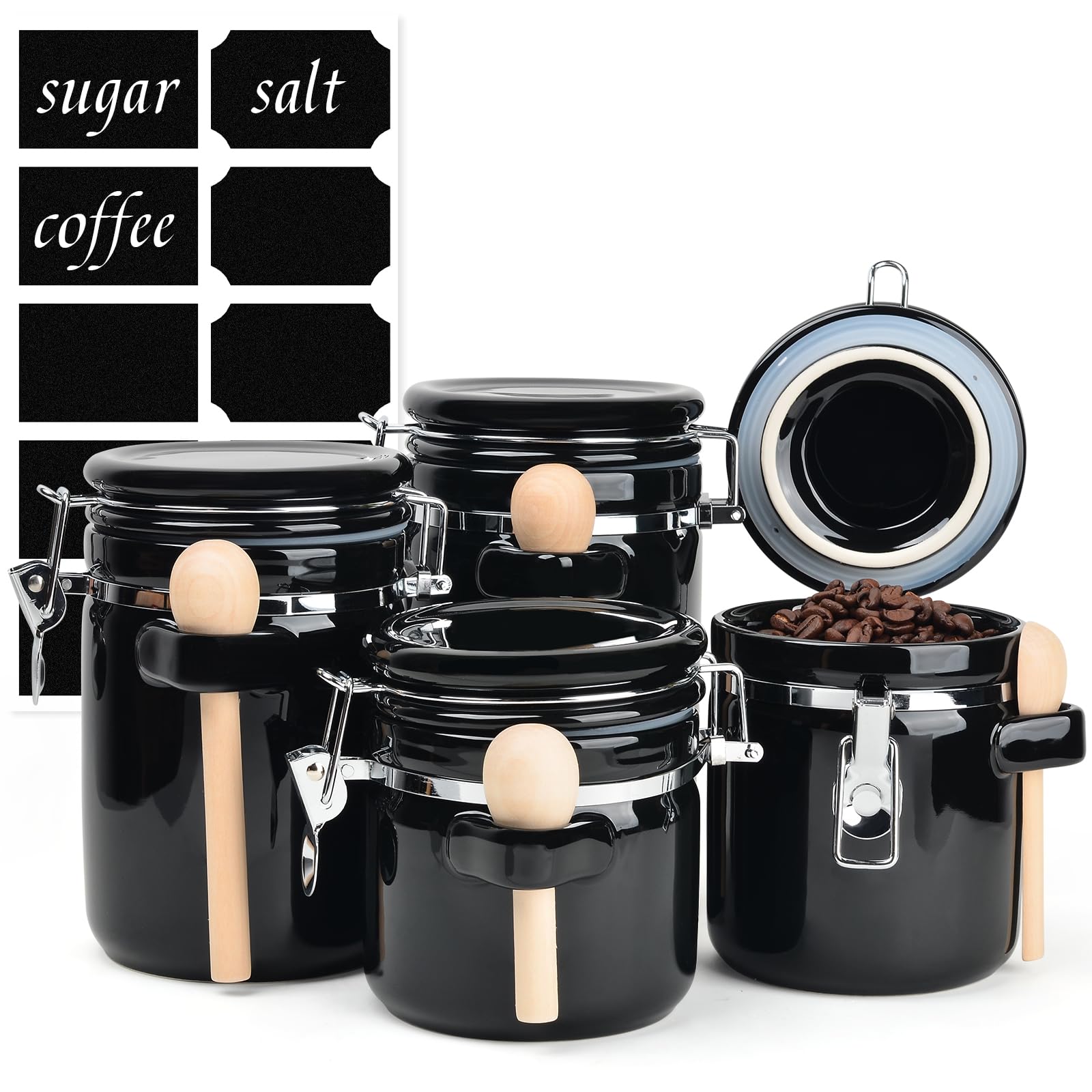 ZEBERBO 4-Piece Airtight Ceramic Canisters Set with Wooden Spoons & Chalk Labels – Perfect for Coffee, Sugar, Flour, Tea (Black) – Stylish & Leakproof Kitchen Storage — image 1