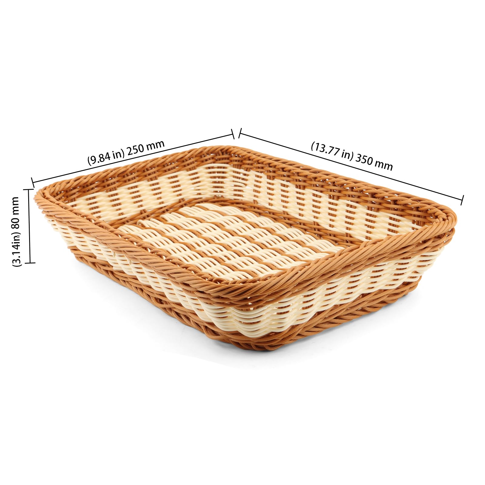Lot De 3 Paniers Rectangulaires En Plastique Tressé - 40x30x8 Cm - Pour Pain, Fruits, Légumes, Rangement - Design Marron - Empilables Et Faciles à Nettoyer
