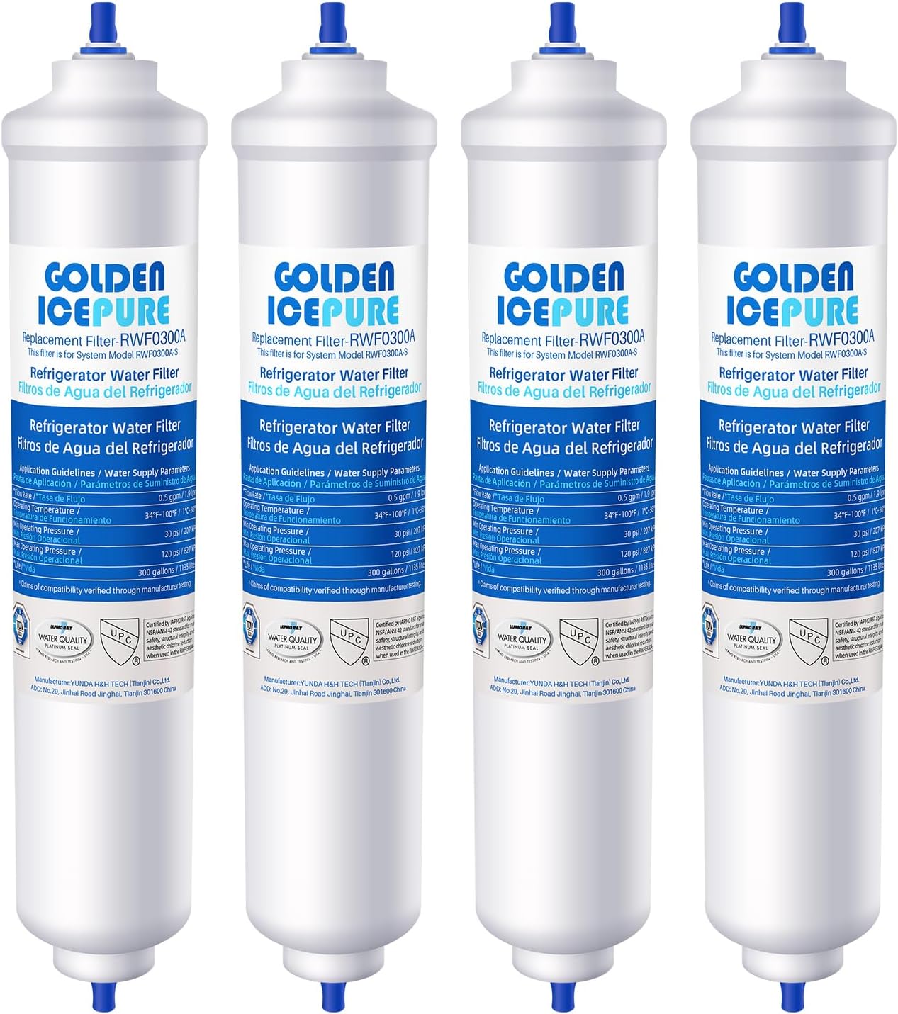 GOLDEN ICEPURE Refrigerator Water Filter Replacement for Samsung DA29-10105J, DA29-10105J HAFEX/EXP, DA99-02131B, WSF-100, EF9603, LG Inline Refrigerator, 4 Pieces.