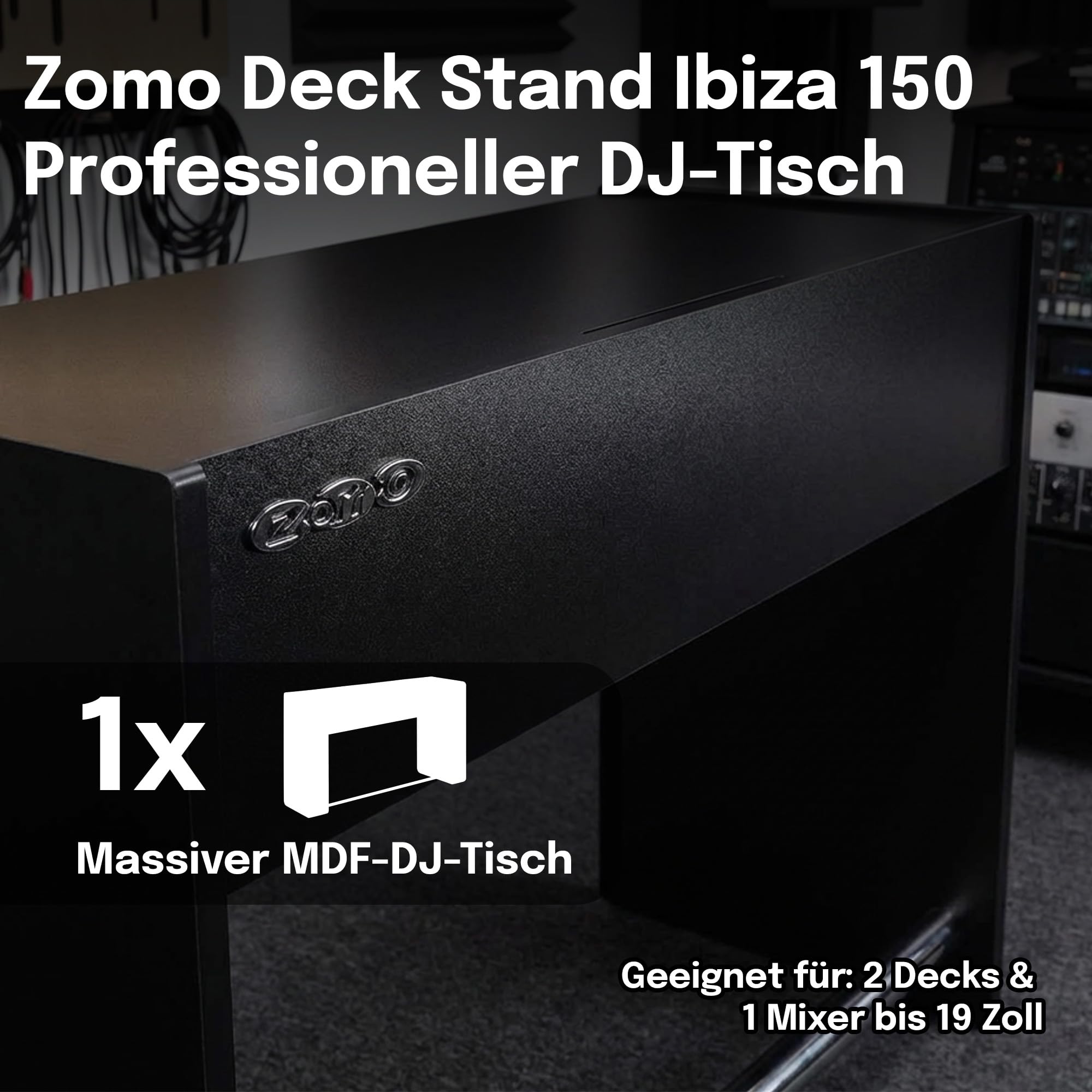 Zomo Deck Stand Ibiza 150 - DJ Tisch 153 x 50,6 x 96 cm - Schwarz - MDF Holz - 46,1 kg - für 2 Decks und einen Mixer bis 19 Zoll