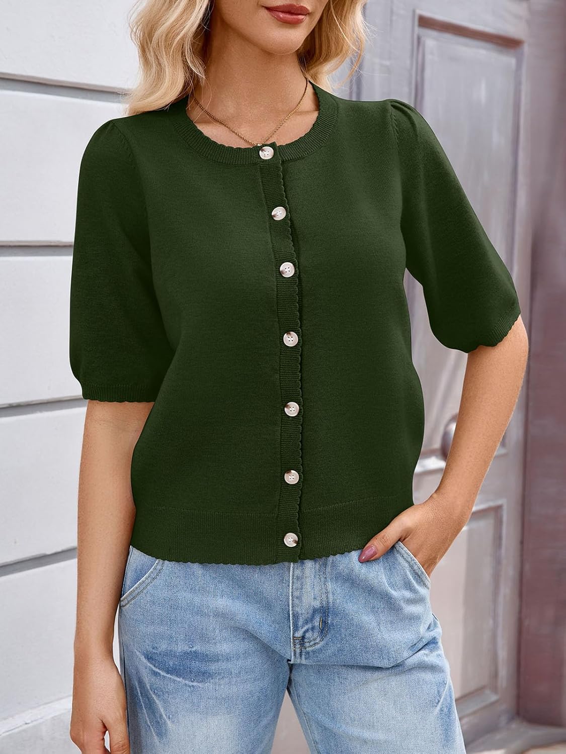 Womens Puff Short Sleeve Cardigan 2026 Summer Button Down Sweater Tops Business Casual Outfit Work Spring Clothes - Image 3