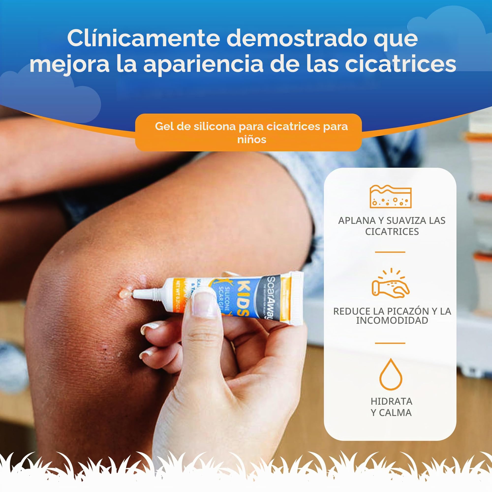 ScarAway Gel de silicona para cicatrices para niños, 100% de grado médico, ayuda a mejorar el tamaño, el color y la textura de las cicatrices hipertróficas y queloides en la cara y el cuerpo causadas