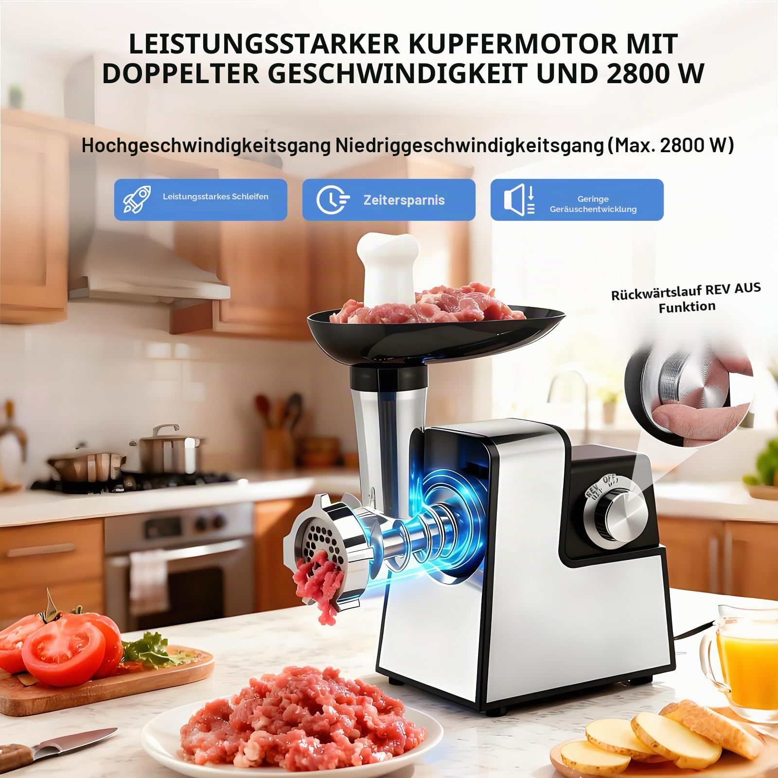Elektrischer Fleischwolf 2800W, Multizerkleinerer mit Gemüseschneider und Käsereibe, Mandoline mit 5 Aufsätzen, Wurstfüller und Fleischballen-Set, Küchenmaschine zum Hacken Schneiden Reiben