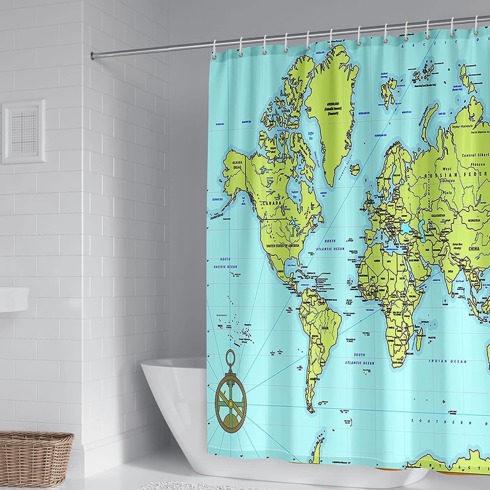 Rideau de douche carte du monde 120x180 cm bleu vert KnSam en polyester avec 12 crochets