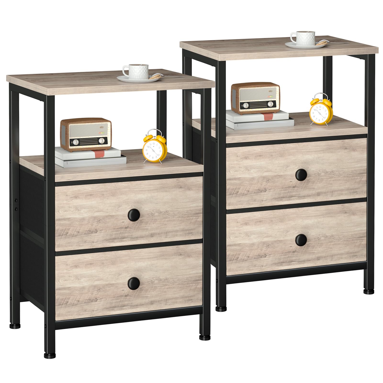 LOAKEKEL Bedside Table Set of 2, Side Table with 2 Fabric Drawers, Bedroom Bedside Cabinet with Open Storage Shelf, End Table, Nightstand for Living Room, Small Spaces, Gray UHETS002GY