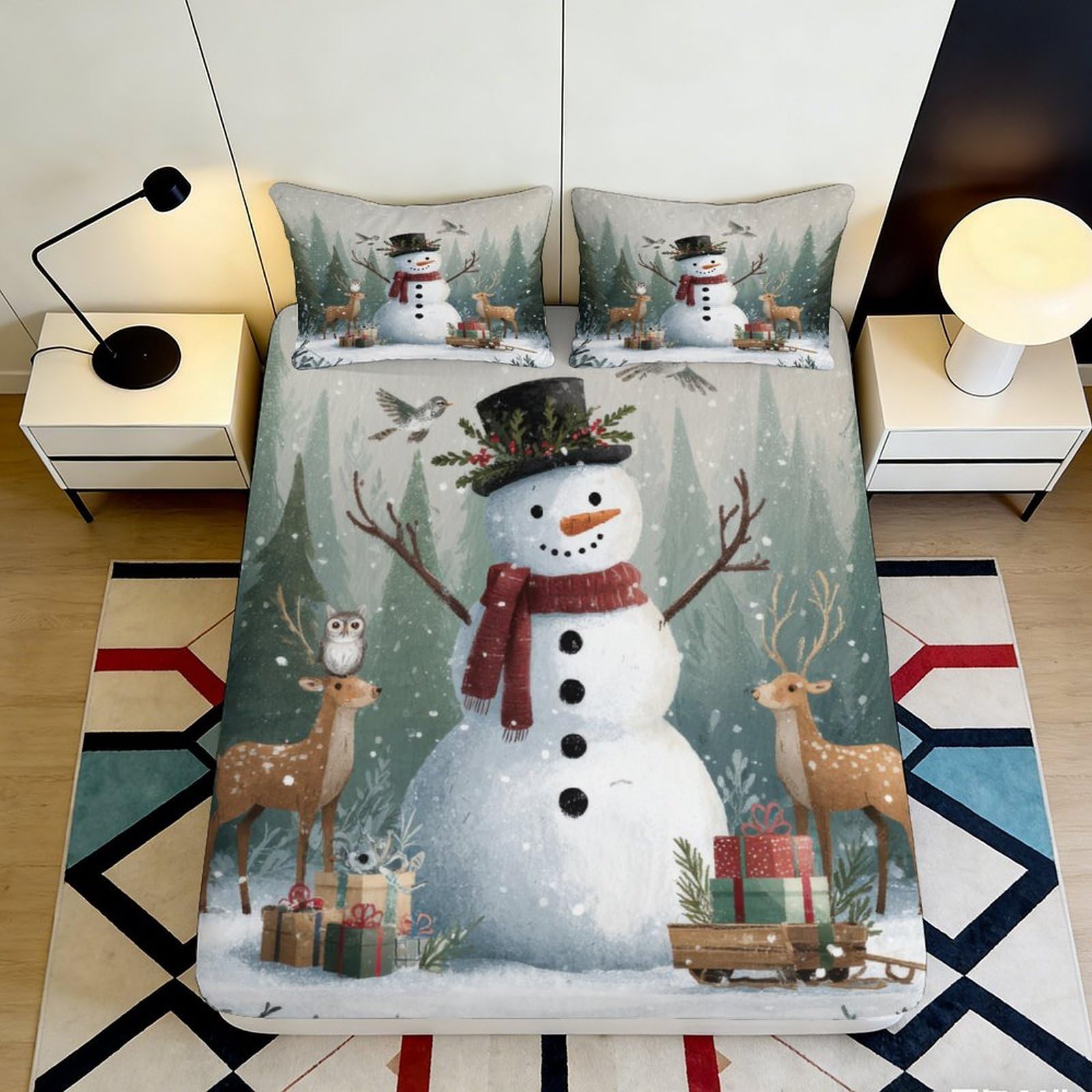 3D Printed Snowman Reindeer Fitted Sheet Microfiber Soft Christmas Forest Mattress Cover for Bedroom Guest Room Decor 140x200x25cm