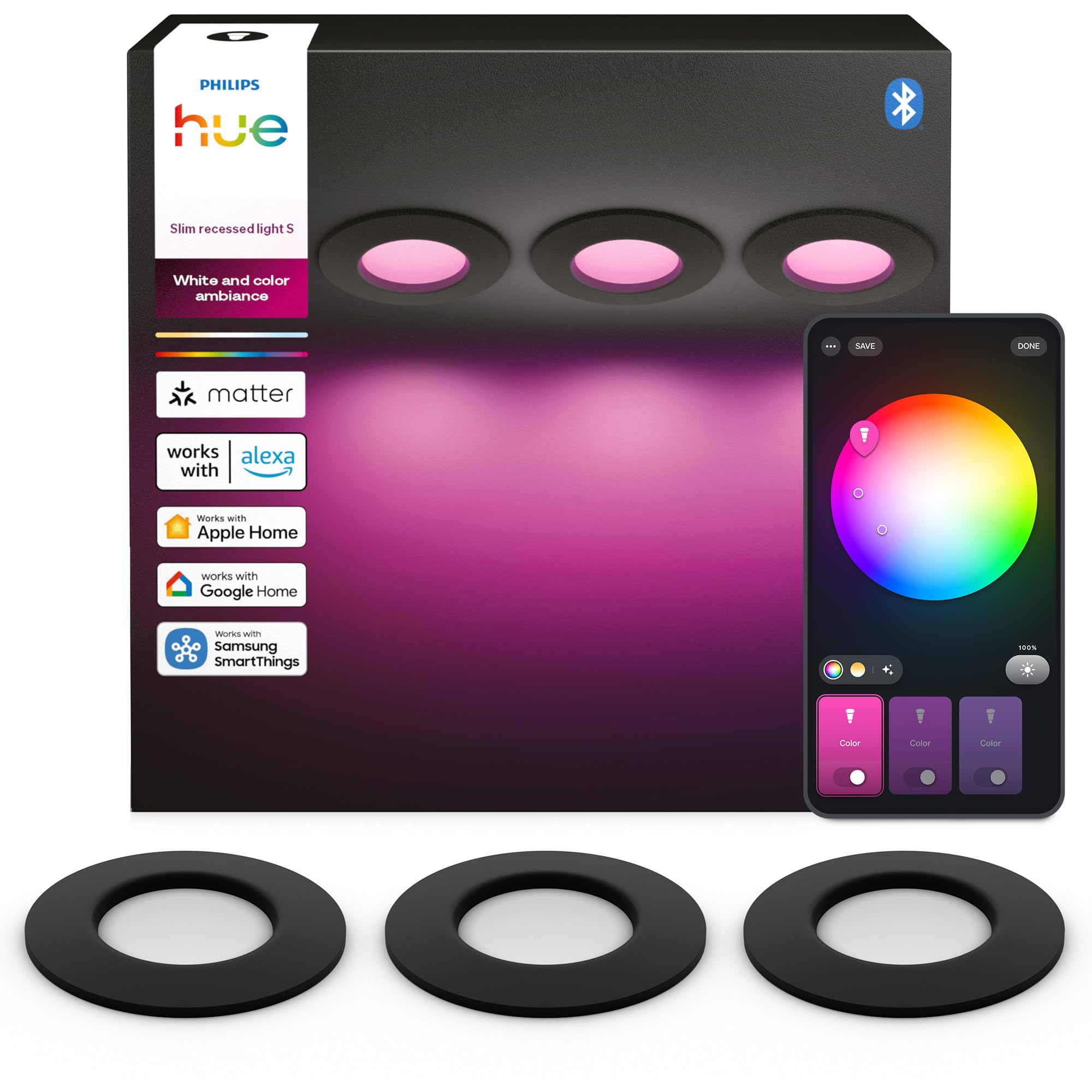 Philips Hue Slim Downlight, Plafón LED Empotrable, 1000 lm, 90 mm, Diseño Delgado, Espectro Luz de Día 1000K-20000K, Regulación Ultrabaja, Color Preciso, Iluminación Inteligente, Negro, Pack de 3