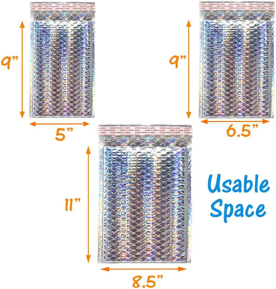 5x9, 6x10, 8.5x12" All Sizes Combo, Holographic Bubble Mailers, Glamour Metallic Padded Quality Hologram Cushion Mailing Envelopes, Heavy Duty Packaging Mailers W/Kissy Stickers (36)