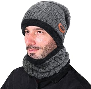 Mens Womens Winter Beanie Hat Scarf Set Warm Fleece Lined Knit Hat Thick Skull Cap (Grey)