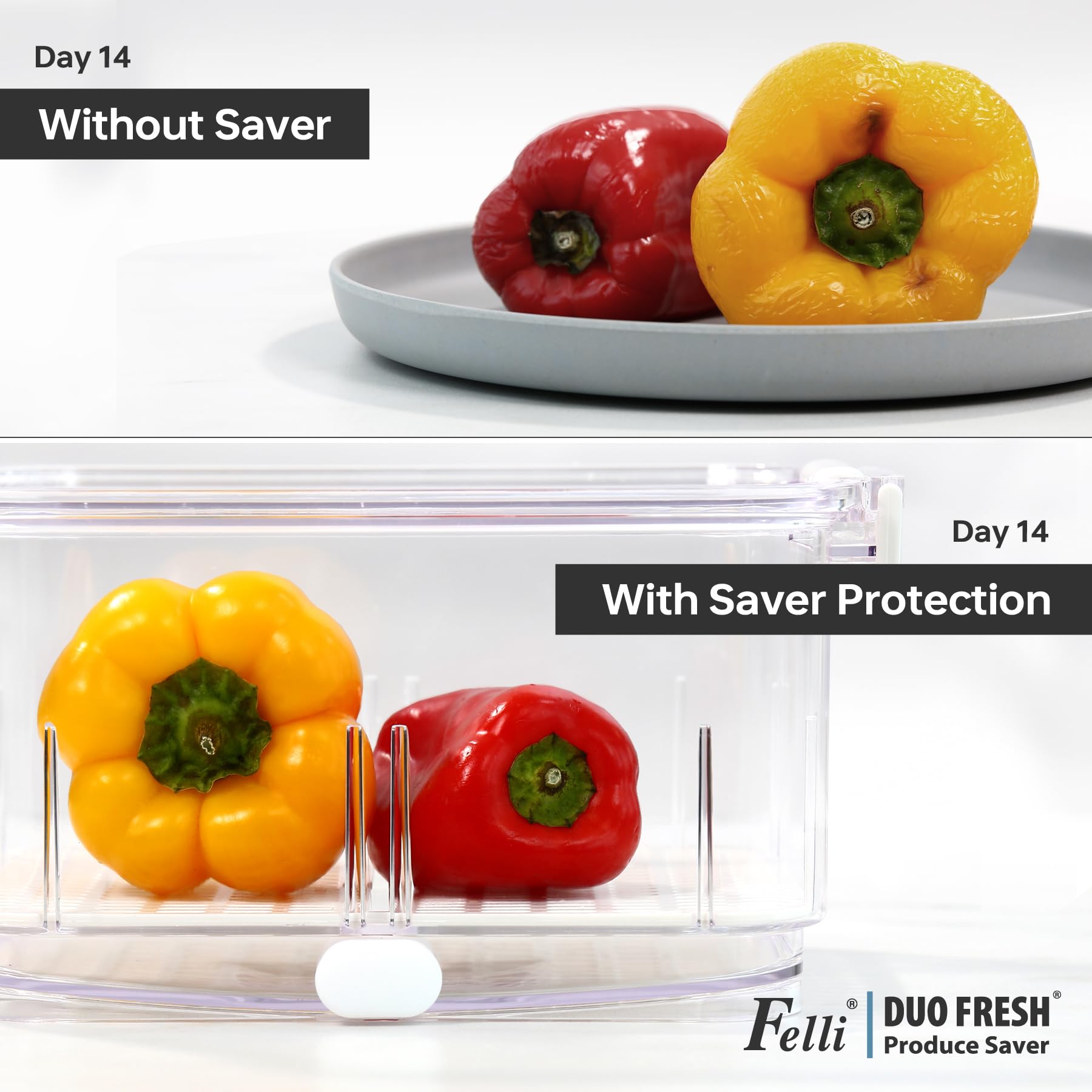 Felli Duo Fresh - Contenedor de frutas y verduras con ventilación y drenaje en la parte inferior para lavado, colador colador para refrigerador, recipiente de lechuga y bayas