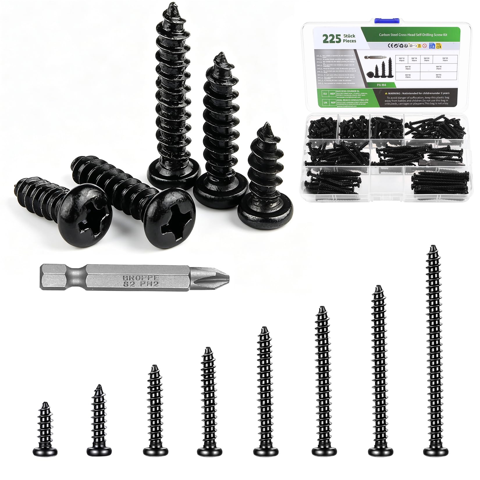 225 Pcs Self Tapping Screws Metal, M4 Wood Screws Assortment Set, Self Drilling Cross Round Head Sheet Metal Screw Set for DIY Metal Plastic Wood Repairs(Black)