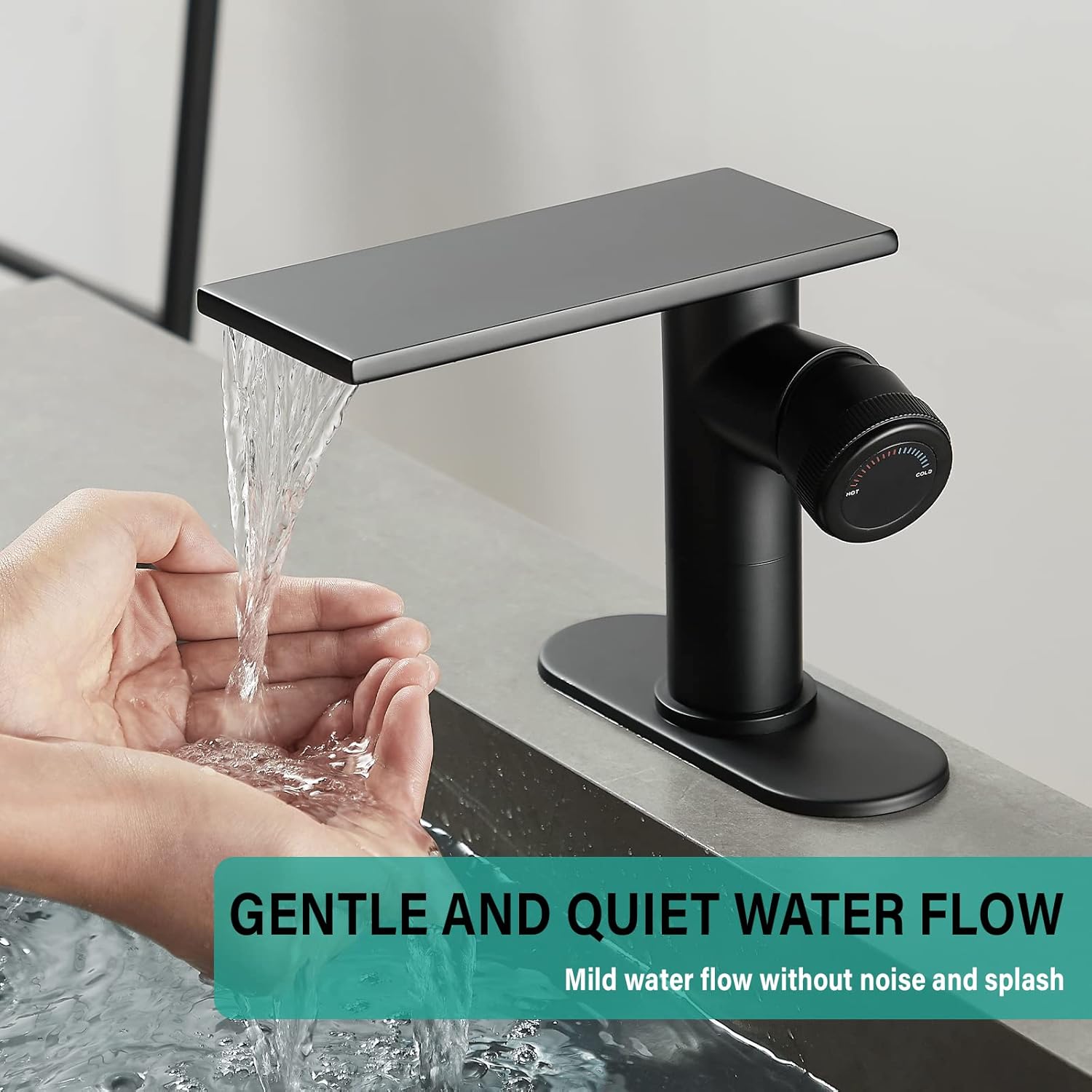 becola Modern Bathroom Sink Faucet，Black Bathroom Faucet，Waterfall Faucet for Bathroom Sink，Single Hole Cold and Hot Vanity Faucet，Single Handle Vessel Sink Faucet with Adjust Knobs and Deck Plate - Image 5