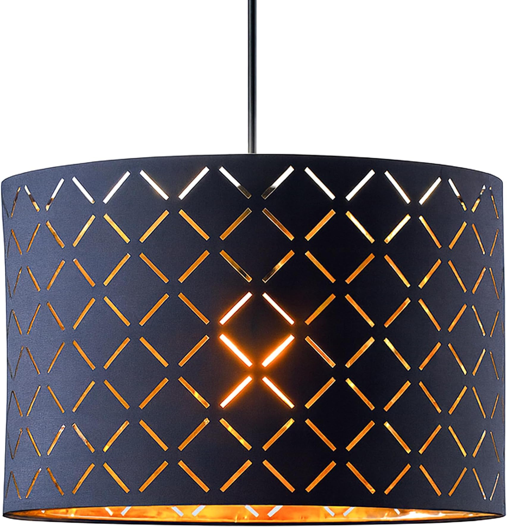 INNOTECK Argyle Drum Lamp Shade, Black with Gold Inner, E27/E14 | Black fabric drum lampshade with argyle cut-out design and gold reflective lining, suitable for E27 and E14 fittings.