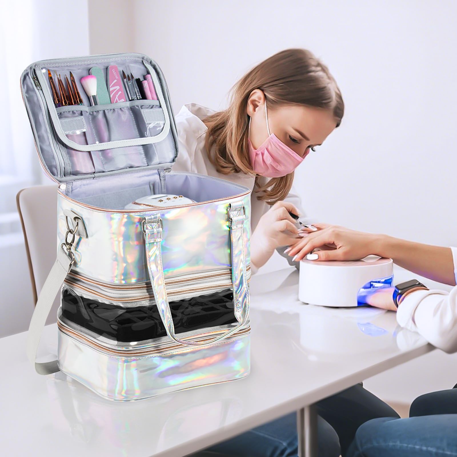 Custodia organizer per smalti, a 3 strati, rimovibile, può contenere 60 flaconi e lampada per unghie, con tracolla, portatile, olografica, in pelle PU, kit per strumenti per manicure (argento)