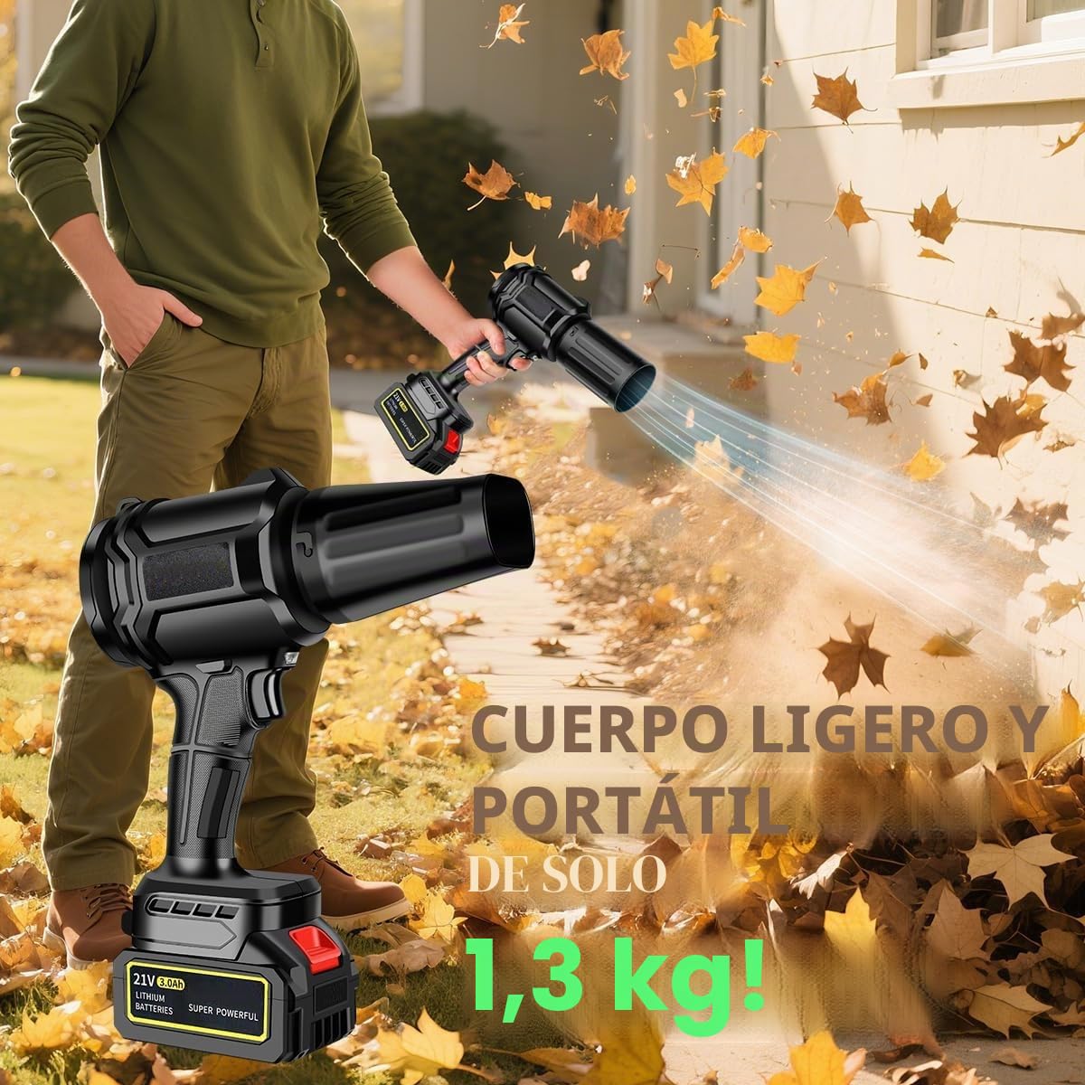 Soplador de hojas inalámbrico, 300000 RPM,2 baterías de 3,0 Ah y cargador incluidos, 30 m/s, flujo de aire turbo, sin escobillas, ligero y portátil para jardín, patio, coche y camping (Nero)