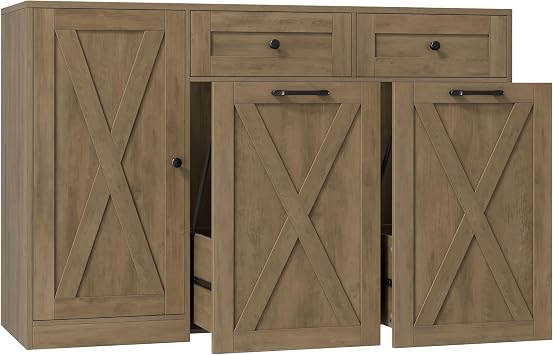 HOSTACK 12.5 Gallon Trash Can Cabinet, 47"W Dual Garbage Can Cabinet, Brown