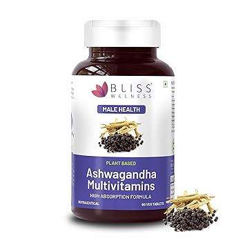 Bliss Welness Pure Ashwagandha 1000mg + Multivitamins | Strength Vitality Stress Relief | General Wellness Rejuvenates Mind & Body Anti Anxiety Health Supplement - 60 Vegetarian Tablets - image, photos