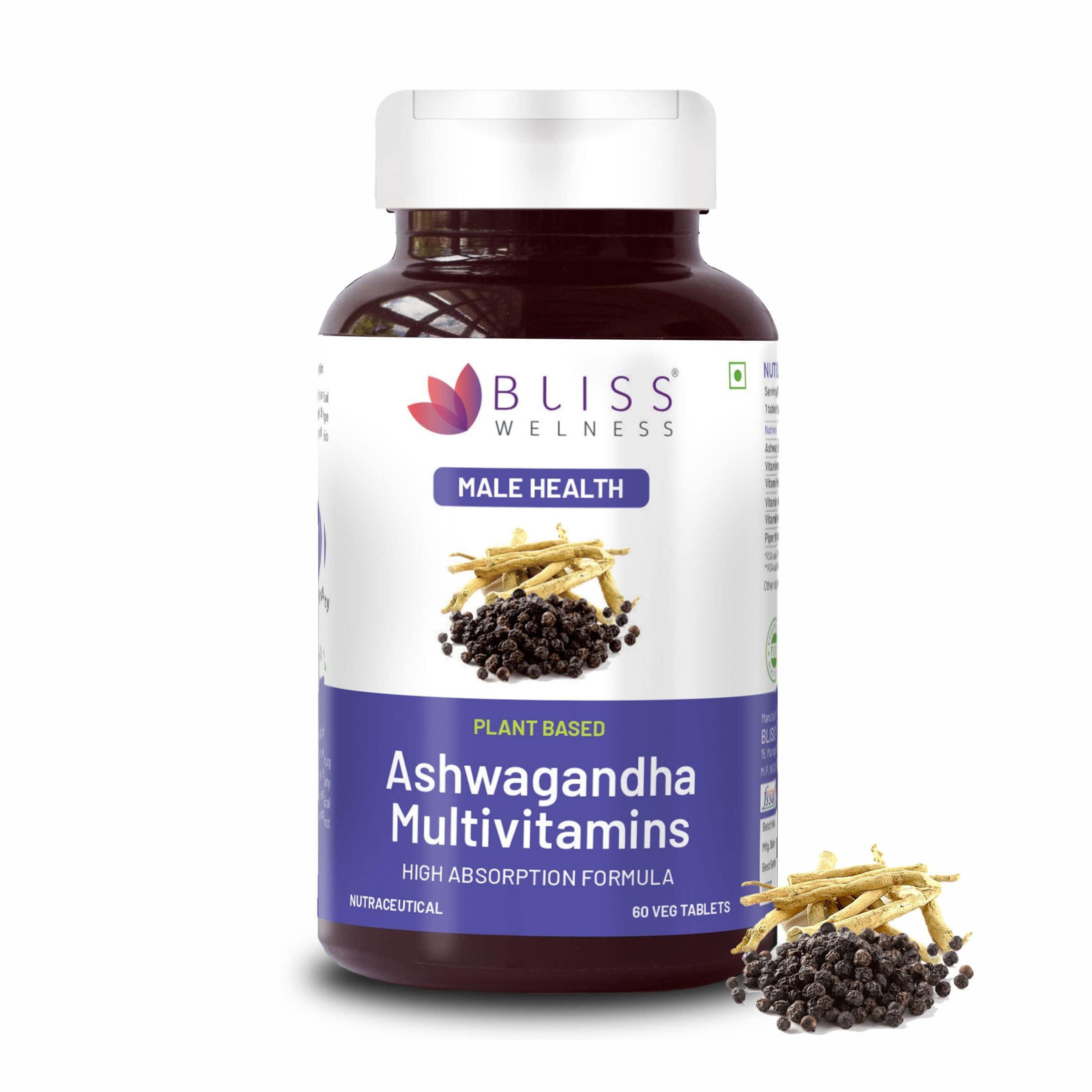 Bliss Welness Pure Ashwagandha 1000mg + Multivitamins | Strength Vitality Stress Relief | General Welness Rejuvenates Mind & Body Anti Anxiety Health Supplement - 60 Vegetarian Tablets