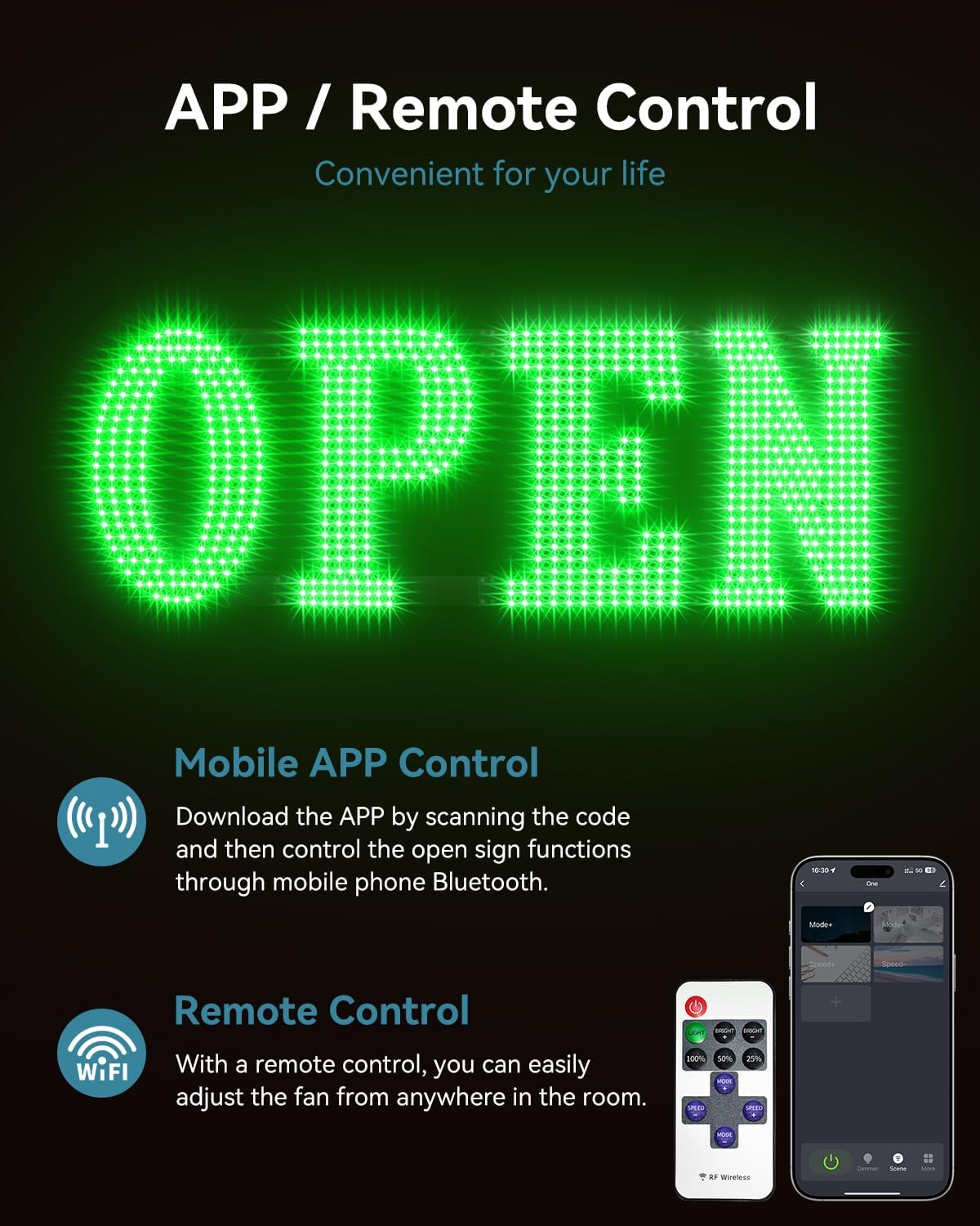 30"x10" Large LED Open Sign BT and Remote Control Open Signs Super Bright Dimmable Business Open Sign for Storefront Window Bar Salon Cafes Retail Shops Green - Image 3