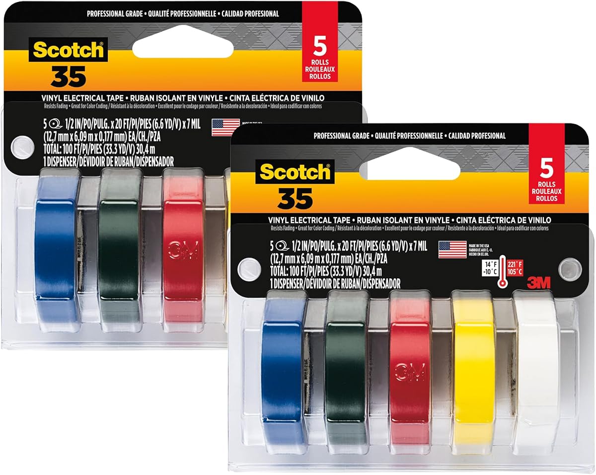 Cinta eléctrica Scotch Vinyl 35, 5 rollos, paquete multicolor, ideal para reparación de chaquetas de cables y aislamiento eléctrico, material de vinilo premium, uso interior y exterior, alta adherencia (10457DC), paquete de 2