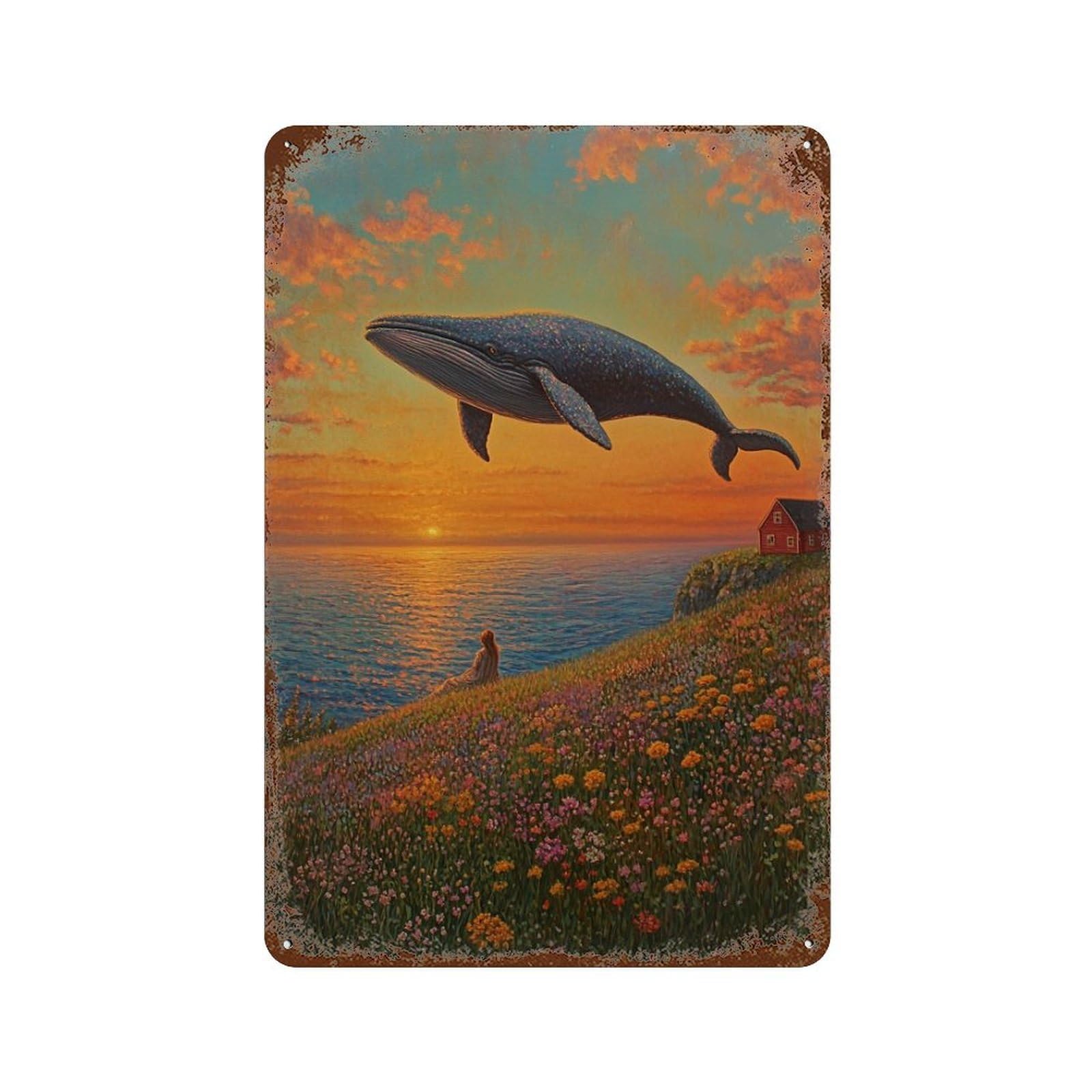 Whale Watching Sunset 11.8"x7.9" Aged Metal Wall Plaque, Vintage Wall Decor for Bistro, Counter And Cafe Decor