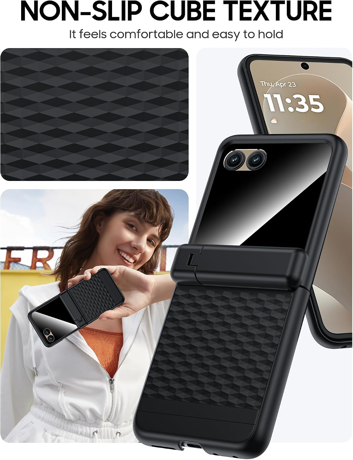 Shockproof Case for Motorola Razr 2024/ 2025, Razr 2024/ 2025 Phone Case [External Privacy Screen] [Hidden Kickstand & Hinge Cover] [Military Grade Protection] Full Body Rugged Durable Cover (Black)