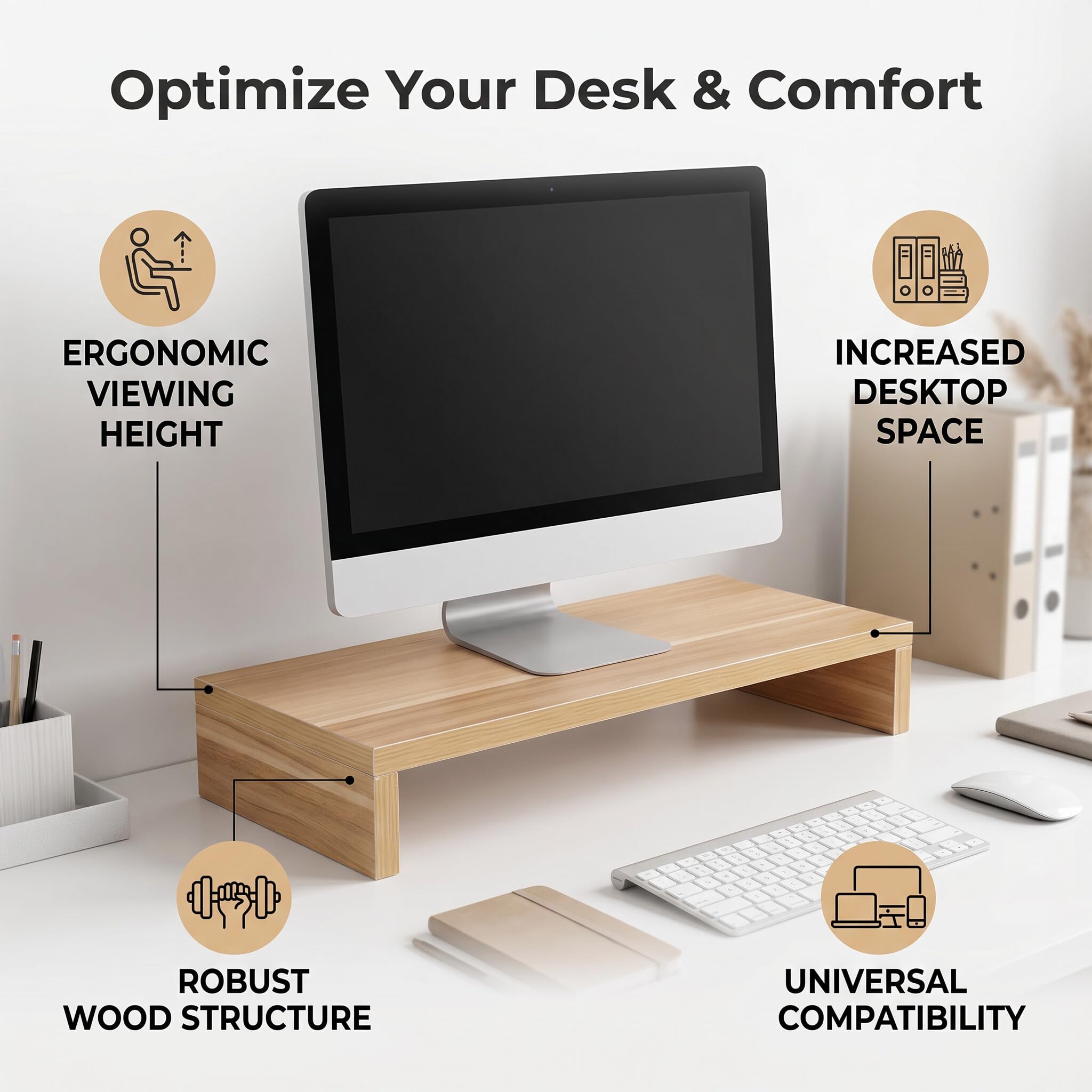 Wakects Supporto per Monitor da Scrivania, Supporto per PC Schermo e Computer Portatile, Stand Supporto Monitor Mensola da Scrivania Supporto in Legno per Tavolo Scrivania, 50 x 20 x 7,7 cm(Naturale)