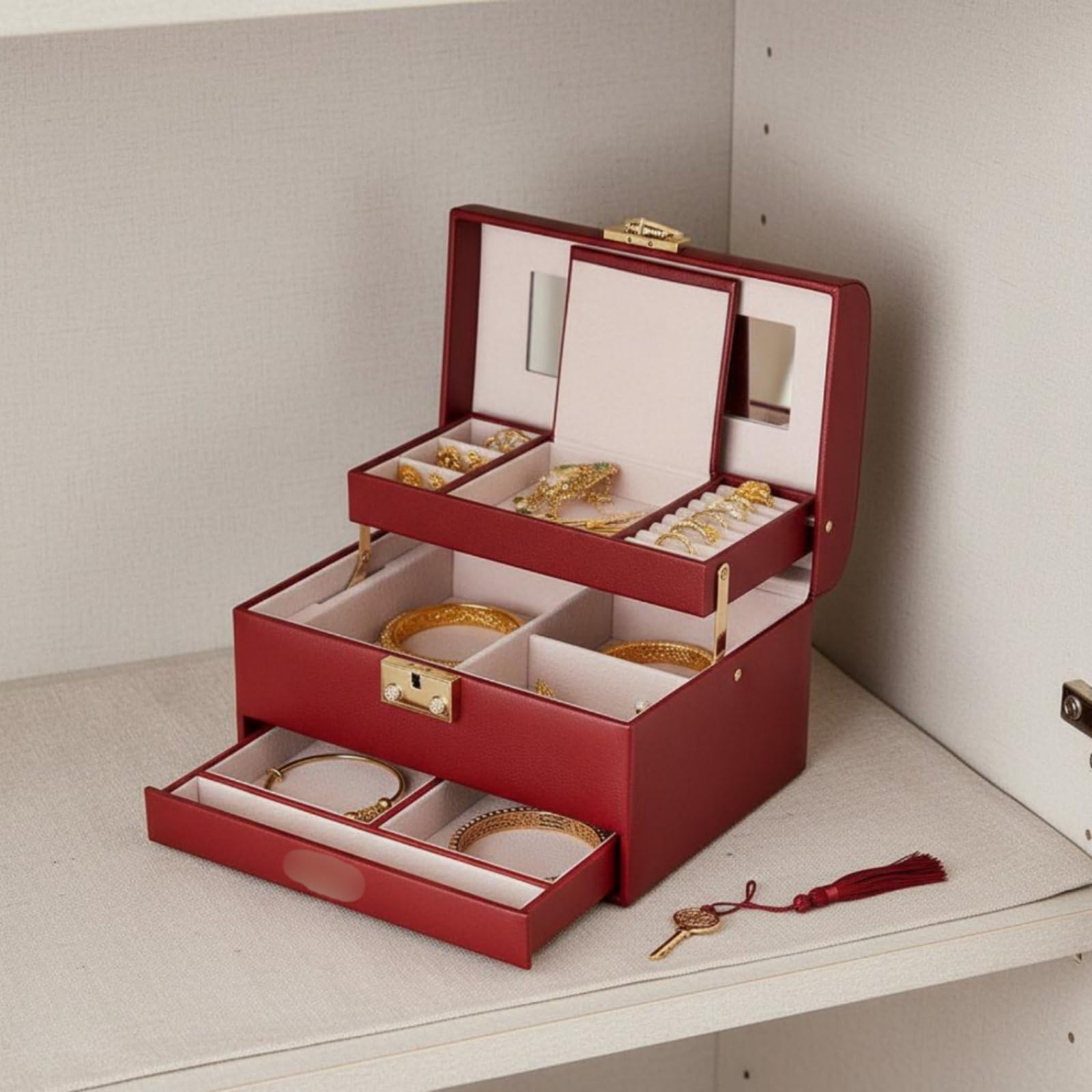 Schmuckkoffer Schmuckkästchen Schmuckbox Schmuckschatulle mit Herzschloss aus PU Und Weichem Samtfutter Mehrstöckig mit Fächern Ringen Und Ketten