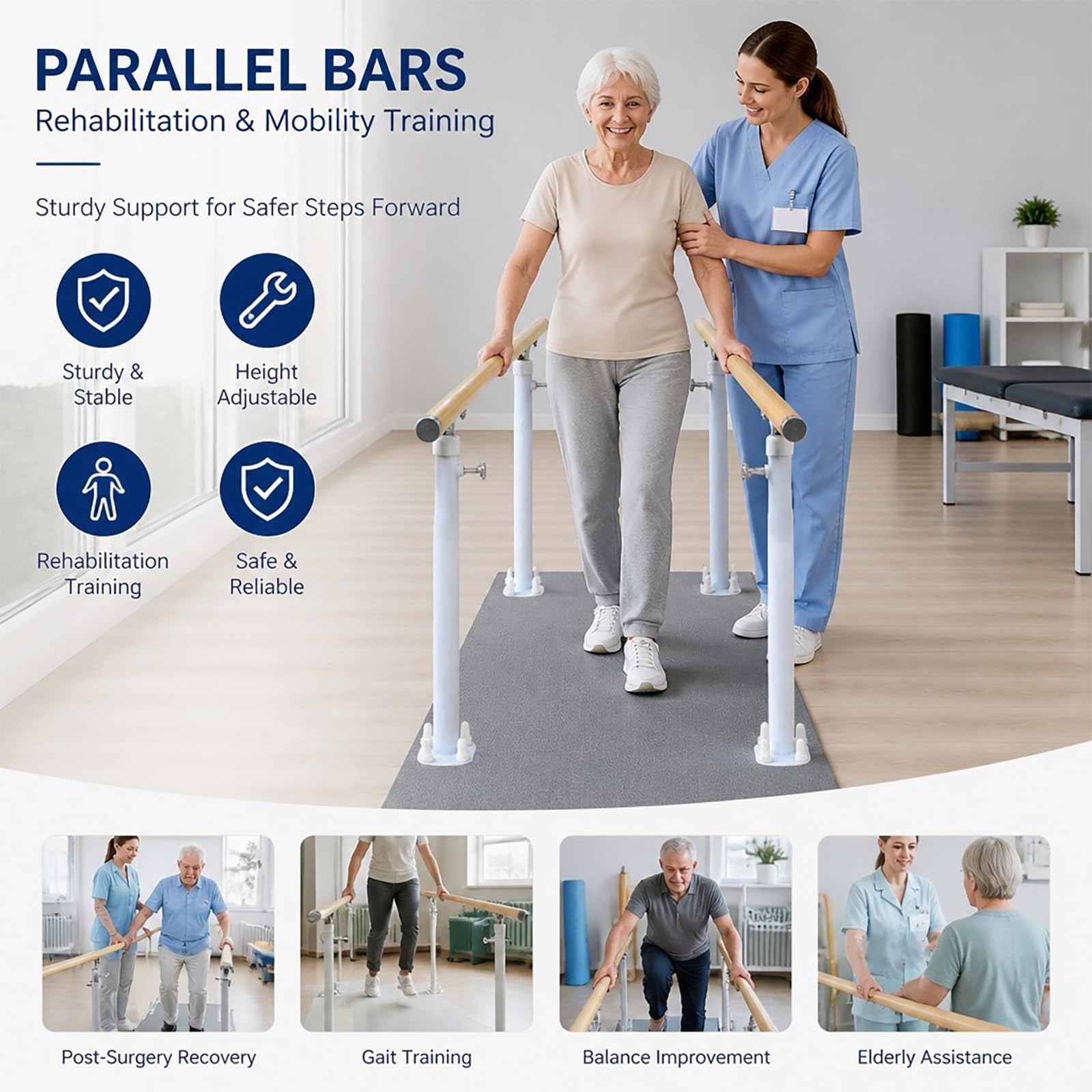 Barras paralelas de rehabilitación y fisioterapia, de altura ajustables, equipo de entrenamiento para la rehabilitación de miembros inferiores en bipedestación(140cm/55.1in)