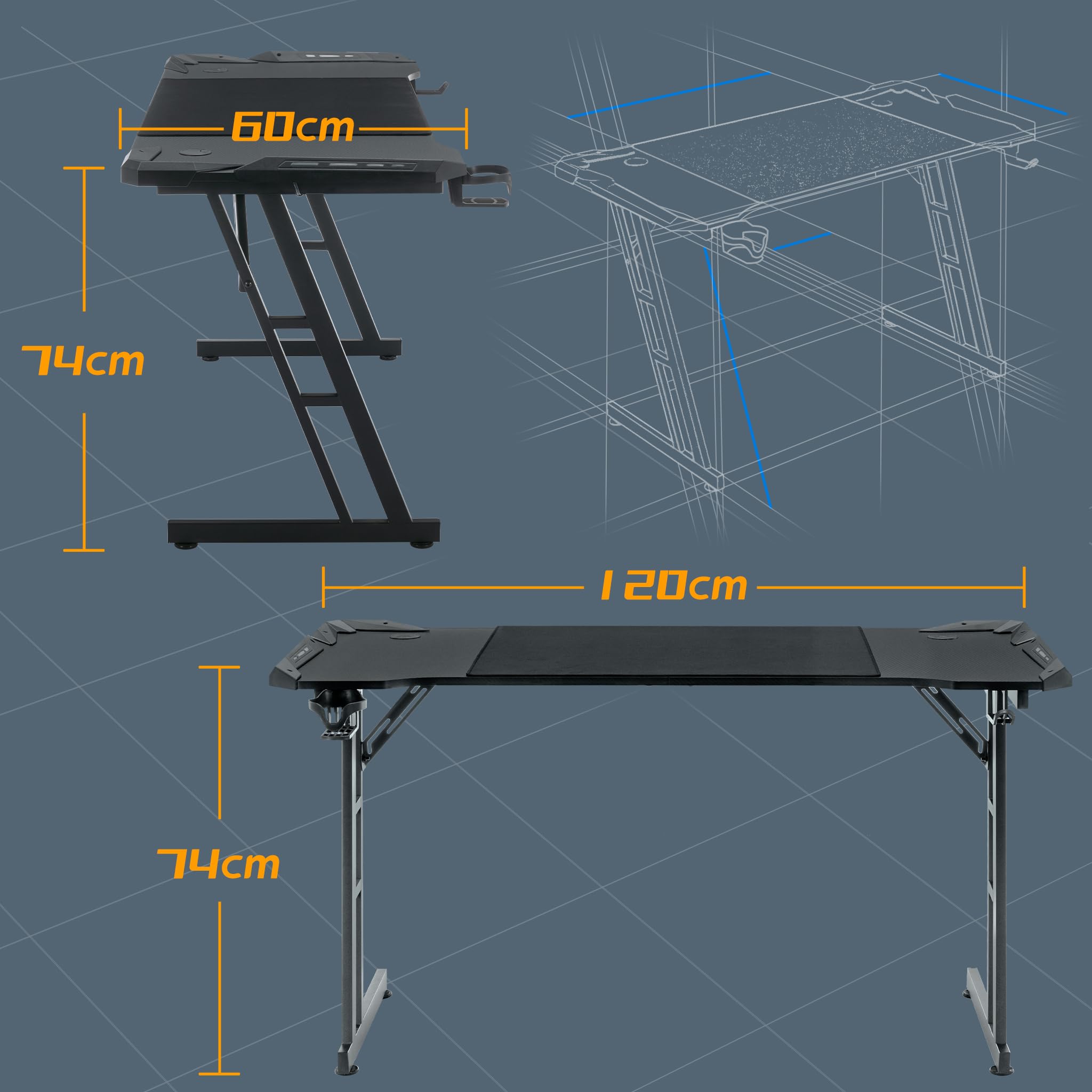 120 x 60cm Gaming Schreibtisch Gaming Schreibtisch mit RGB LED - Kopfhörerhaken und Getränkehalter Schwarz C