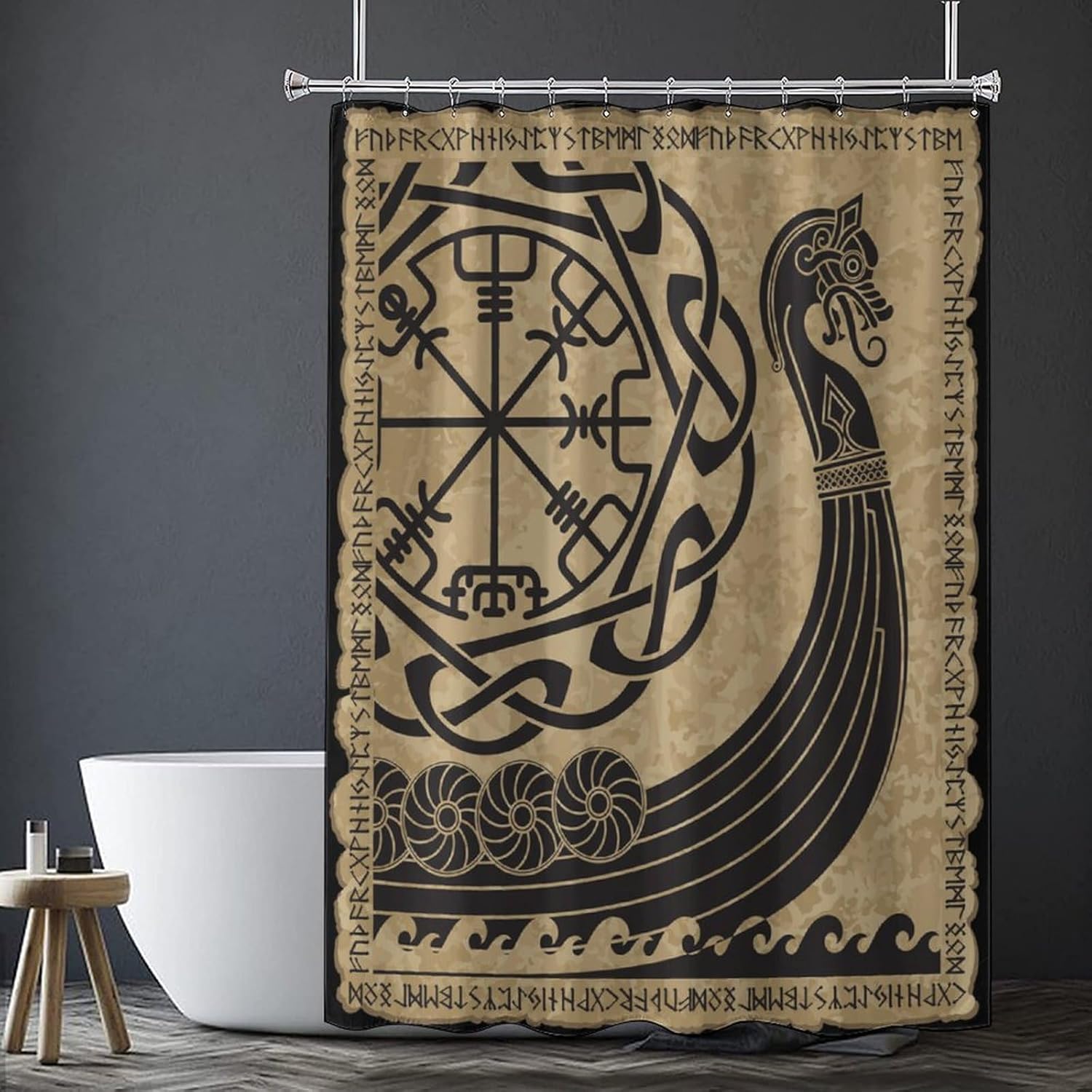 Viking Warship Shower Curtain,Vintage Nautical Mystic Totem Symbol Ancient Scandinavian Rune Print Shower Curtain for Bathroom Decor Fabric Waterproof Upholstery Hook 72x72in
