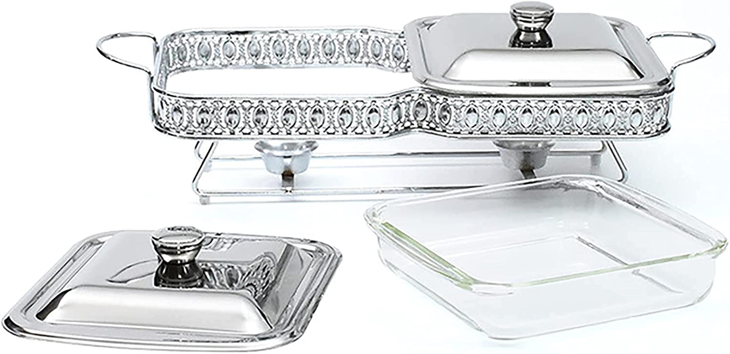 Chafing Dish Quadrato in Acciaio Inox da 3,6 QT,Set Scaldavivande per Buffet/Pentola per Alimenti,Coperchio,Supporto Solido E Porta-Combustibile,Argento,Silver