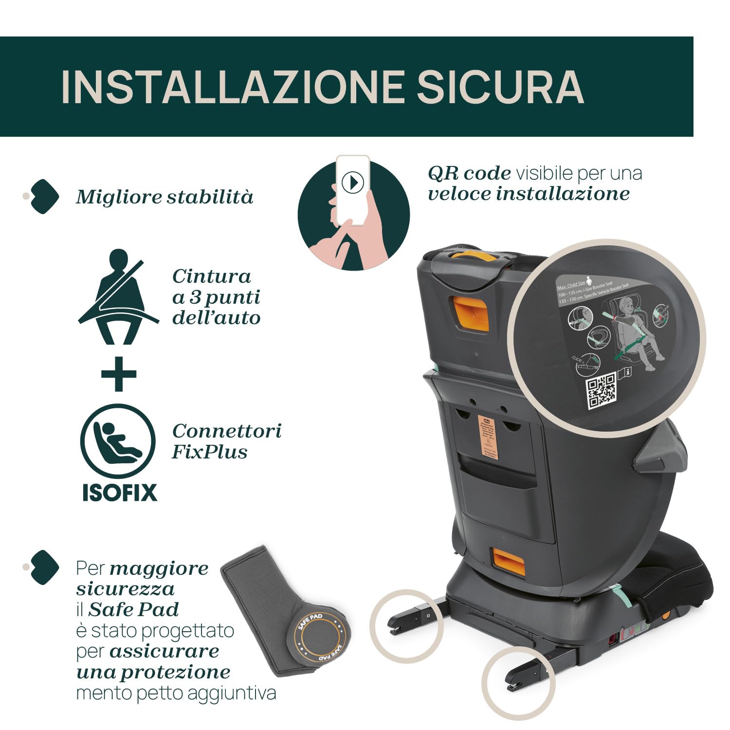 Chicco Fold&Go I-Size Seggiolino Auto 15-36 kg con Connettori Rigidi ISOFIX, Bambini 3-12 Anni, Reclinabile e Pieghevole, Protezione Laterale, Altezza e Larghezza Regolabili, Nero