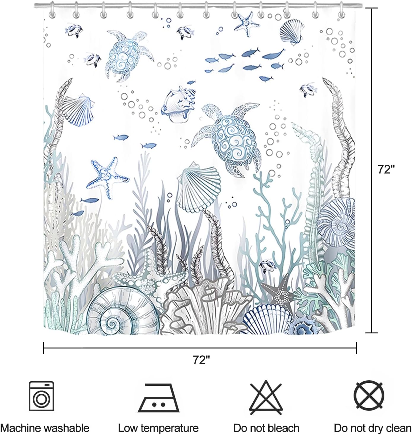 Coastal Turtle Shower Curtain Fish Coral Starfish Seashell Blue Ocean Beach Shower Curtains for Bathroom Waterproof Polyester Fabric Bathroom Curtain 72 x 72 Inch with 12 Hooks - Image 5