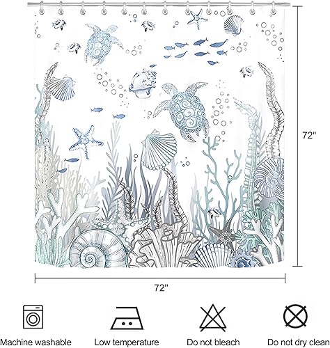 Miniatura 5 de Cortina de ducha con diseño de tortuga costera, diseño de pez coral, estrella de mar, concha, azul, océano, playa, cortinas de ducha para baño,