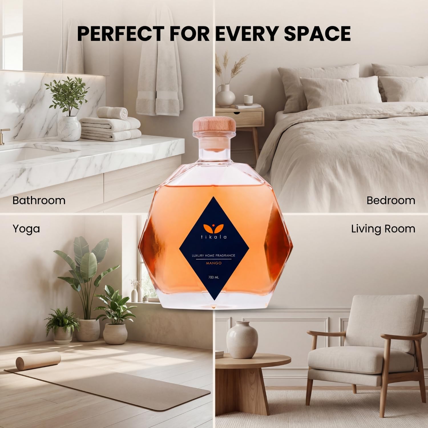 Luxury Reed Diffuser with Mango Scent – Crystal Glass Bottle – Home Fragrance for Living Room, Bathroom & Office – 23.67 fl oz (700 ml)