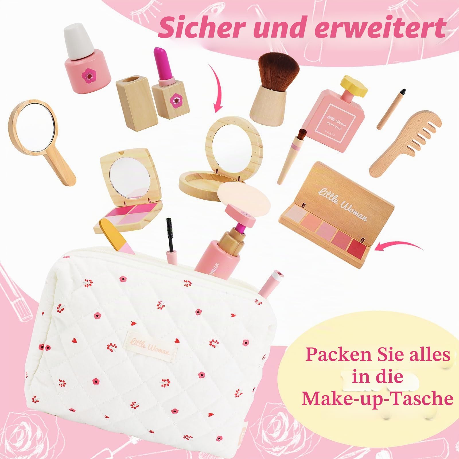 Holz Kinderschminke Set für Mädchen, 15-teiliges Kinder Schminkset aus Holz, Kosmetik Makeup Spielzeug Rollenspiel Prinzessin Schminkkoffer Geschenk ab 3 Jahren