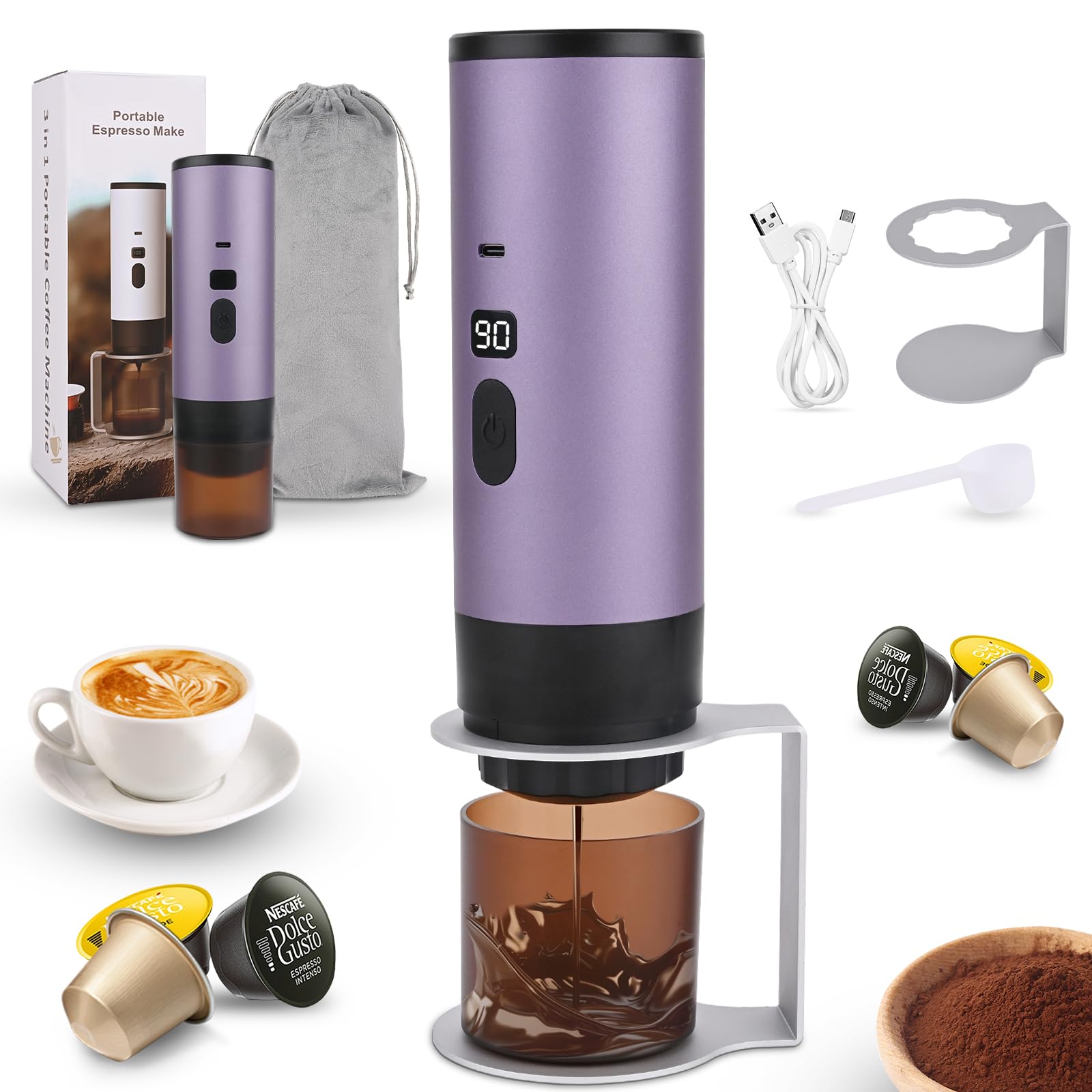Euakee Cafetera Espresso Portátil,Eléctrica Cafetera Capsulas, 15Bar, 90ML, Compatible con NS/DG/Café Molido, Puede preparar 50 tazas de café para Camping para RV Senderismo Oficina