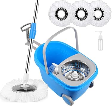 Spin Mop and Bucket with Wringer Set, 3 Washable Microfiber Pads Included for Floor Cleaning, Adjustable Stainless Steel Handle, Easy Moving with Wheels, Blue