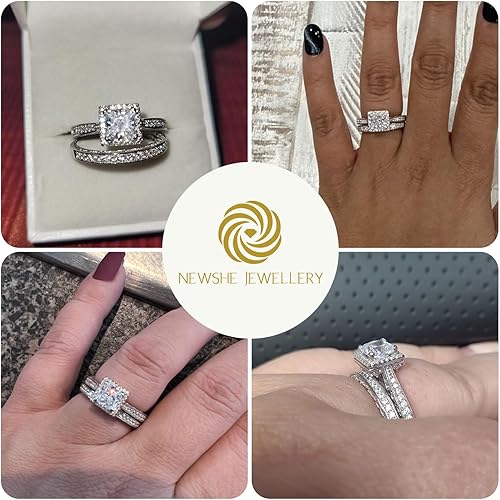 Miniatura 3 de Newshe Jewellery Anillos de Compromiso de Circonia Cúbica, Juego de Anillos de Boda para Mujer, Plata de Ley 925, Corte Princesa Blanca, Conjuntos