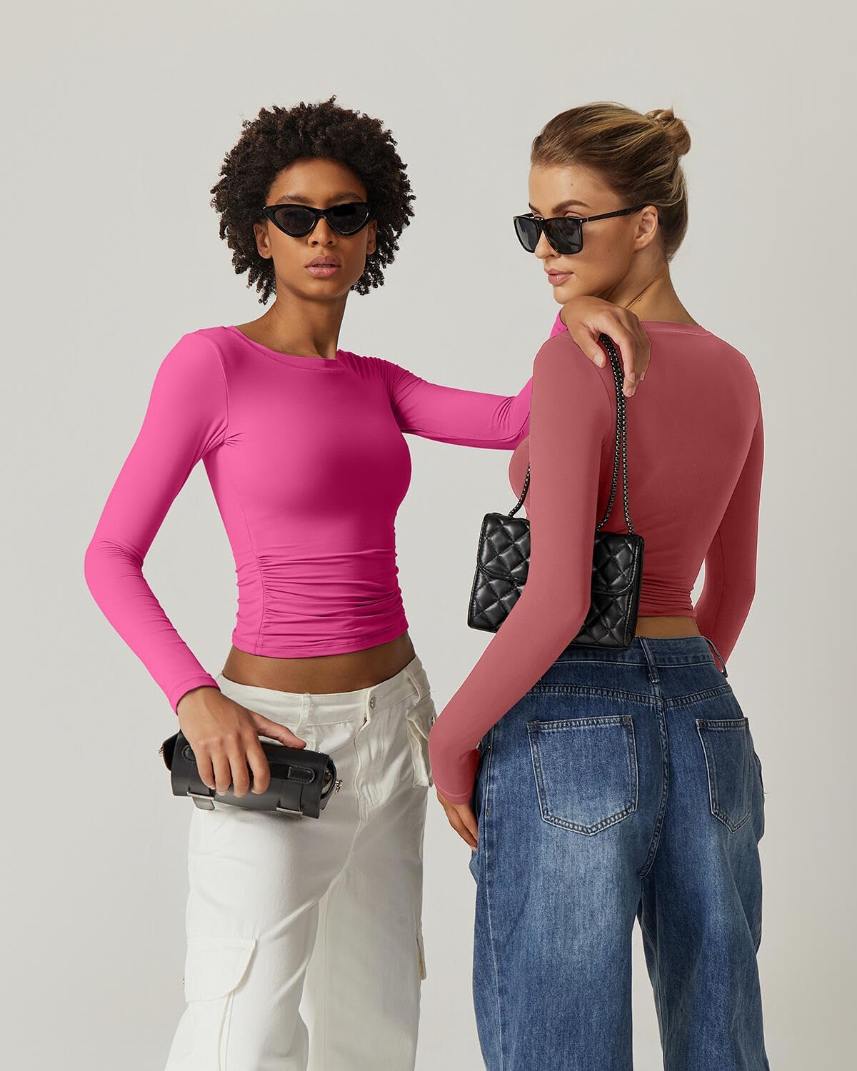 QINSEN Womens Crewneck Long Sleeve Shirt Double Lined Basic Tees Side Ruched Going Out Crop Tops - Image 6