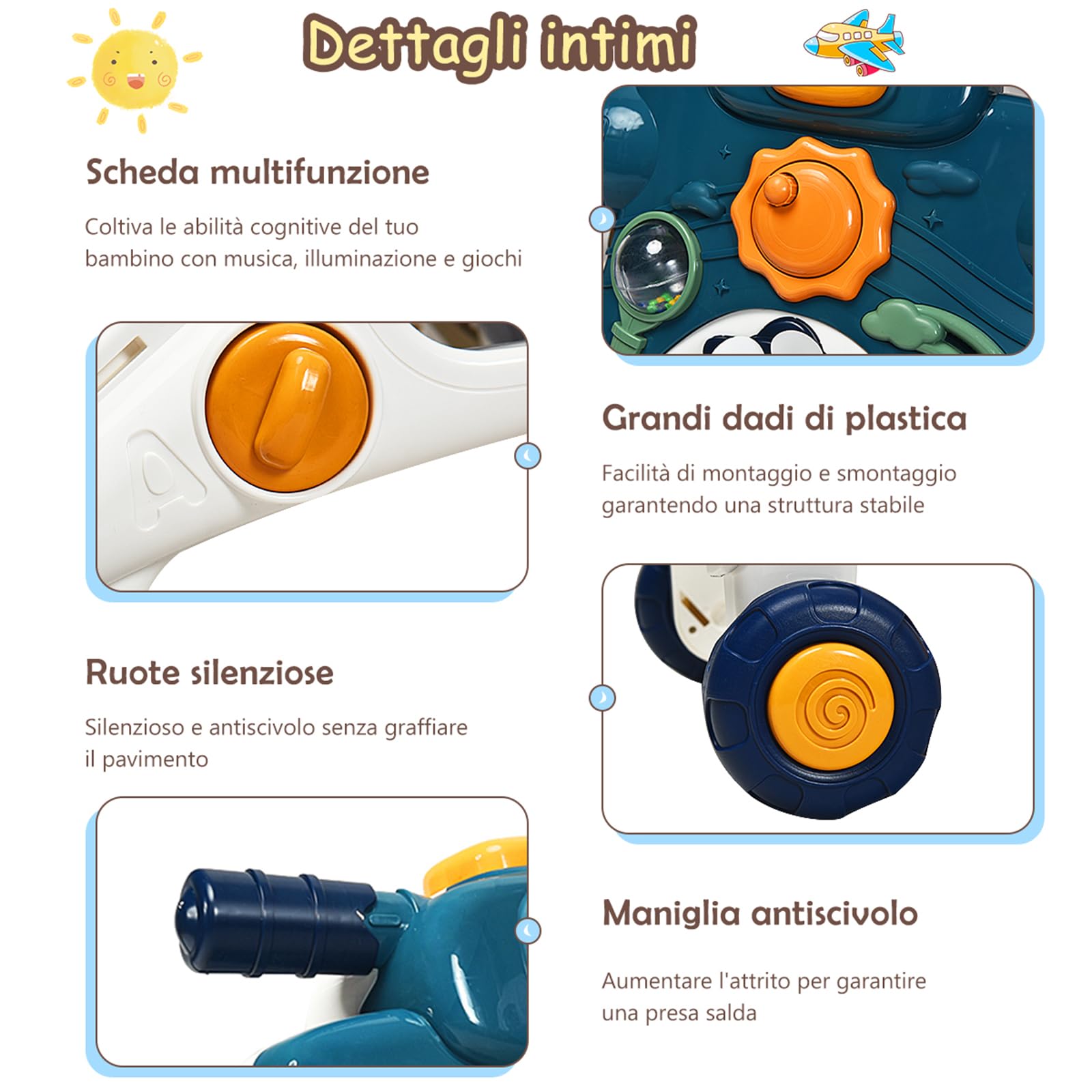 COSTWAY 3 in 1 Primi Passi Cavalcabile Spingibile, Giocattolo Educativo con Musica e Luci, con 4 Ruote Antiscivolo, Ideale per Bambini 6-36 Mesi (Blu)