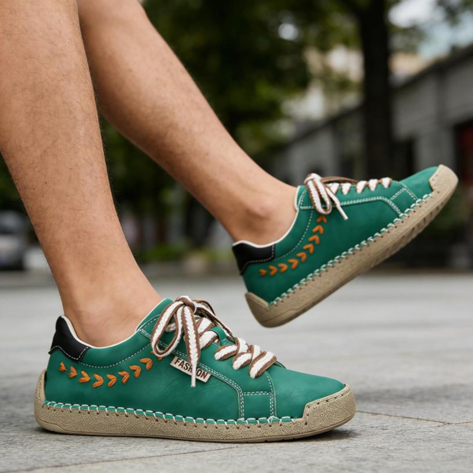 Low-Top-Sneaker für Damen und Herren, flache Stickerei, Schnürschuh, grün | Handgenähte, runde Zehenpartie, breite Passform, rutschfest, Unisex, Freizeit-Sneaker, Wanderschuhe, Urlaub, Büro